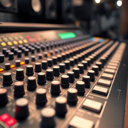 A close-up view of a mixing console at Acoustic Realms, showcasing numerous knobs and faders.