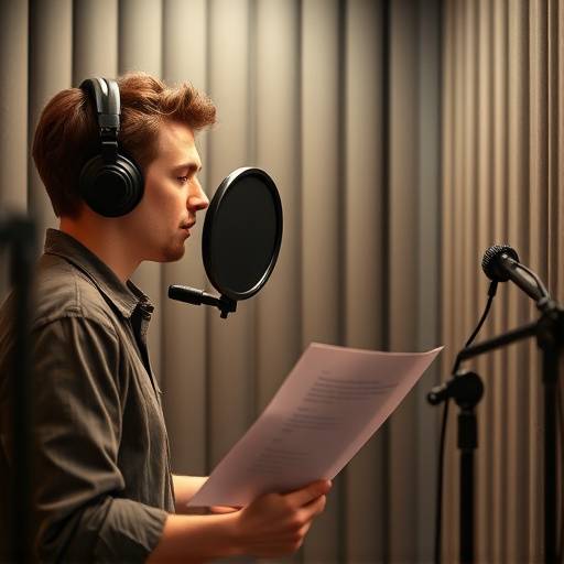 A voice-over artist recording in the soundproof booth at Acoustic Realms, reading from a script.